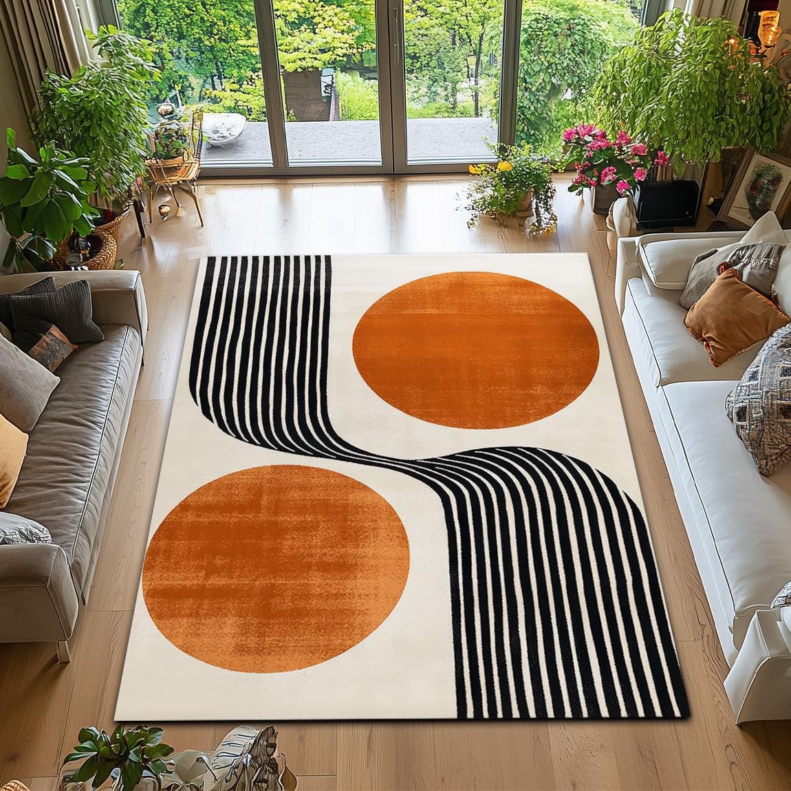Many Circles Rug Retro Minimalist Orange Circle Lines Area Rug - Geometric Accent Carpet ...