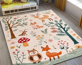 Fox Woodland Area Rug, Forest Animal Nursery Decor