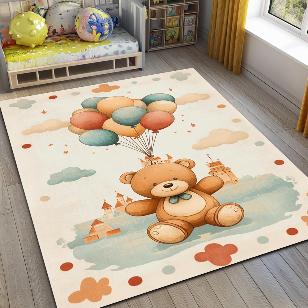 Teddy Bear Balloon Nursery Rug, Kids Playroom Carpet, Dreamy Cloud ...