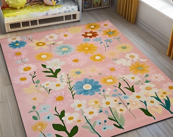 Pink Floral Area Rug, Washable Non-Slip Rug Mat