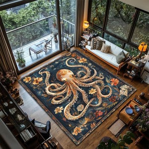 Octopus Figure Flower Rug, Colorful Living Room Rug with Octopus Art, Octopus Rug, Living Room Rug