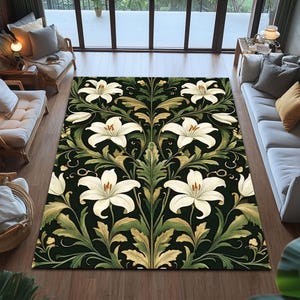 Maximalist Floral Aesthetic Rug in Forest Green | Playful Nordic Cottagecore Accent | Elegant Room Decor Floral Aesthetic Forest Green Rug
