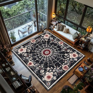 Black Gothic Spider Web Rug, Floral Whimsigoth Decor