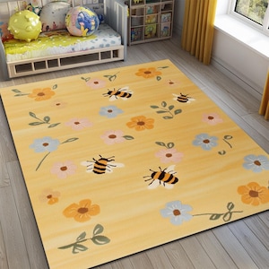 Floral Bee Nursery Rug, Kids Room Decor
