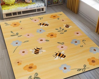 Floral Bee Nursery Rug, Kids Room Decor