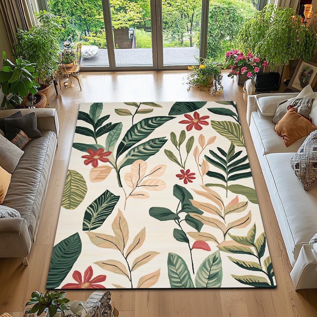 Botanical Leaf Print Rug, Tropical Floral Area Carpet - Etsy
