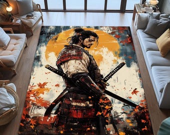Samurai Warrior Area Rug, Japanese Anime Art, Custom Floor Mat