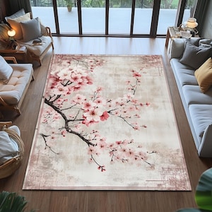 桜のラグ、ヴィンテージ風のピンクのラグ、コテージコアのホームデコレーション、かわいいラグ、居心地の良いインテリア、寝室の美的ラグ、ガーリーな部屋の装飾ラグ