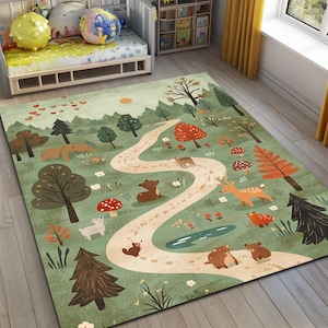 トラベル トゥ フォレスト キッズ ラグ、ジャングル ロード ナーサリー プレイ マット、子供部屋ラグ、アドベンチャー プレイ ラグ、キッズ カーペット