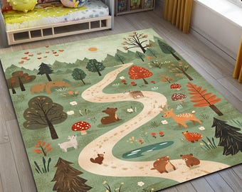 Travel to Forest Kid&#39;s Rug, Jungle Road Nursery Play Mat, Children&#39;s Room Rug, Adventure Play Rug, Kid&#39;s Carpet