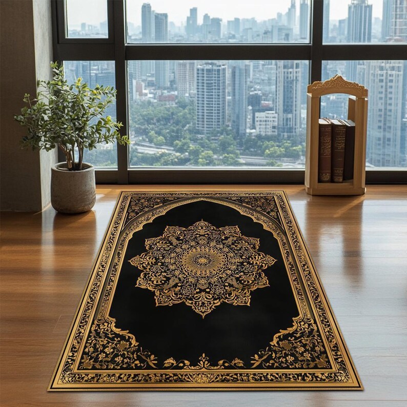 Modern Black and Gold Islamic Prayer Rug, Elegant Muslim Mat - Etsy
