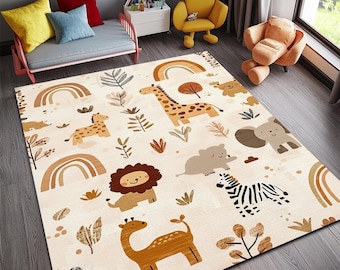 Jungle Animal Activity Rug for Boho Kids Room Decor, Safari Themed Nursery Rug