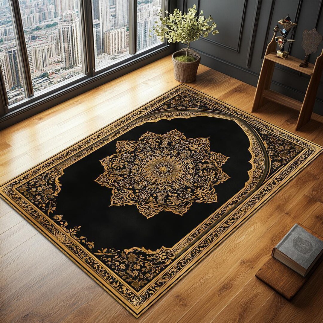 Round Islamic Rug Modern Black and Gold Islamic Prayer Rug, Elegant Muslim Mat - Etsy