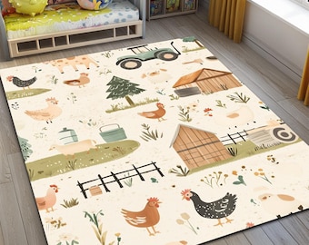 Farmhouse Play Rug, Washable Kids Room Rug, Village Design