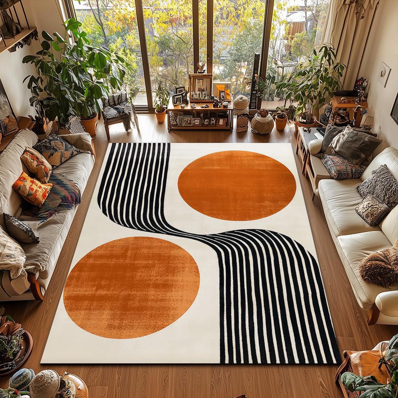 Many Circles Rug Retro Minimalist Orange Circle Lines Area Rug - Geometric Accent Carpet ...