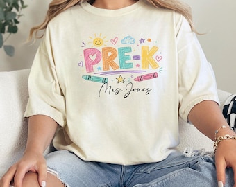 Comfort Colors® Personalized Pre-K Teacher Shirt, Doodle Crayon Design, Back To School Tee