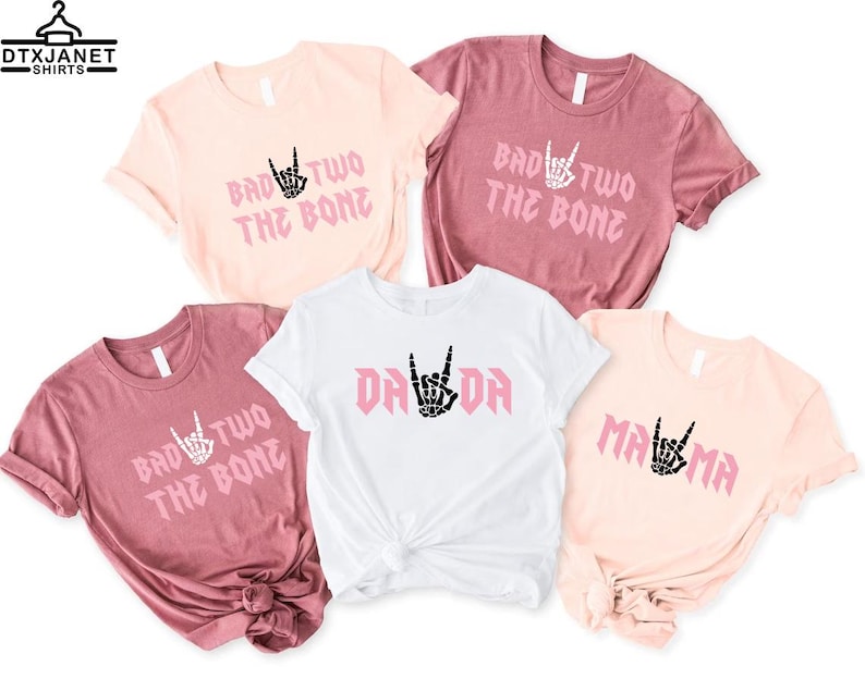 Bad TWO the Bone Birthday Family T-Shirt, Rock Roll Birthday Theme Shirt, Rock On Skeleton Hand Tee, 2nd Birthday Girl, Born Two Rock imagem 6