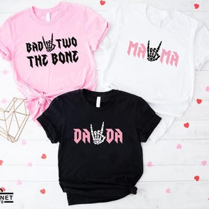 Bad TWO the Bone Birthday Family T-Shirt, Rock Roll Birthday Theme Shirt, Rock On Skeleton Hand Tee, 2nd Birthday Girl, Born Two Rock imagem 1