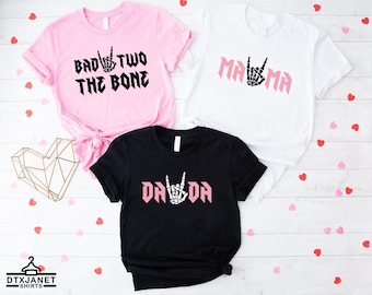 Bad TWO the Bone Birthday Family T-Shirt, Rock Roll Birthday Theme Shirt, Rock On Skeleton Hand Tee, 2nd Birthday Girl, Born Two Rock