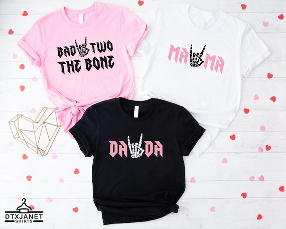 Bad TWO the Bone Birthday Family T-Shirt, Rock Roll Birthday Theme Shirt, Rock On Skeleton Hand Tee, 2nd Birthday Girl, Born Two Rock