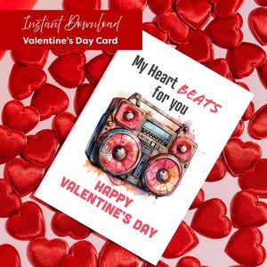 Tarjeta de San Valentín / Tarjeta de San Valentín imprimible / Mi corazón late por ti / Tarjetas retro / Tarjetas de amor / Pegatinas imprimibles gratis