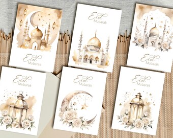 Peut inclure: Six cartes de vœux Eid Moubarak. Chaque carte présente des illustrations à l'aquarelle de mosquées, de lanternes et de croissants de lune avec des accents floraux beiges et dorés. Les mots "Eid Moubarak" sont écrits sur chaque carte.