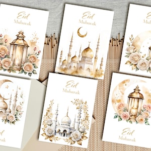Set van 6 Eid Mubarak-kaarten van 5 x 7" en 4 x 6" | Afdrukbare Eid Mubarak-kaarten | Eid Mubarak |Eid al-Fitr,Eid al-Adha|Moderne decoraties voor Eid en Ramadan