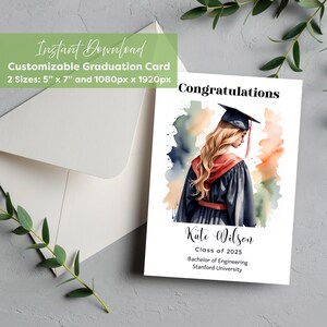 Anpassbare Abschlusskarte 5x7" und 1080x1920px | Canva Edit | Junge graduierte Frau