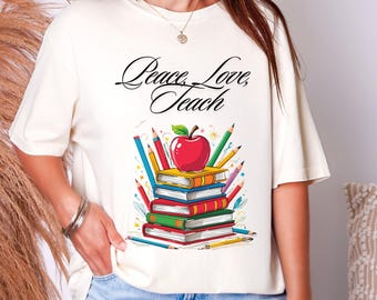 Camiseta Paz Amor Ensinar | Camiseta de Apreciação aos Professores, Camiseta de Volta às Aulas