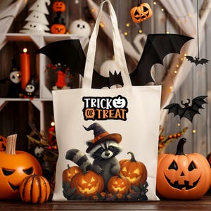 Sacola de Halloween com estampa de guaxinim e abóboras | Bolsa para o Halloween