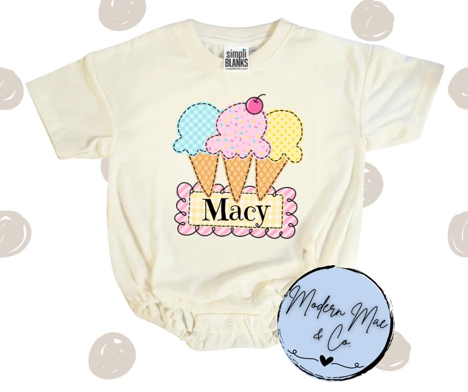 Personalized, Ice Cream, Spring, Bubble Romper, Oversized Kids bubble romper, short sleeve