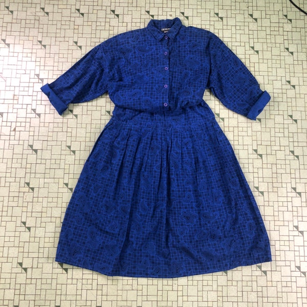 Vintage two piece coord set primary blue paisley check print button up shirt and skirt m L xl 80s 90s