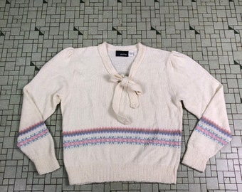 80s Panther brand fair isle ascot pullover white sweater S M