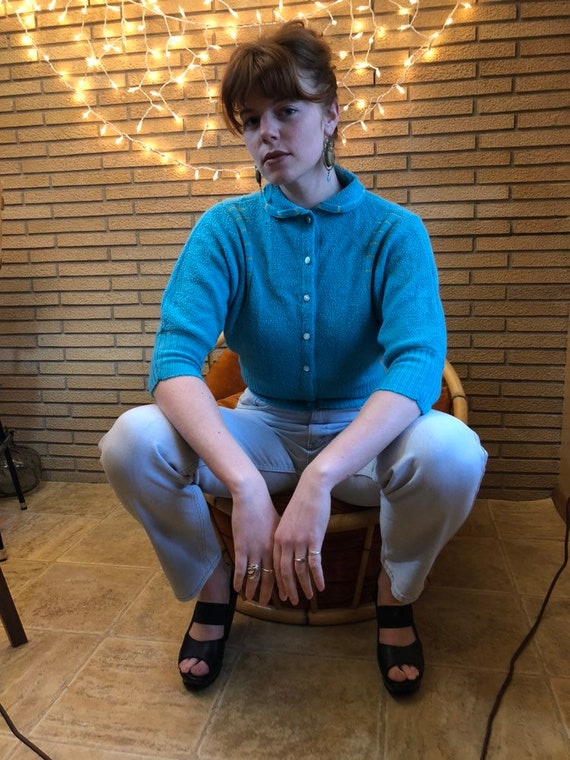 1940s 50s atomic blue and gold batwing cropped swe