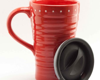 Ceramic travel mug with lid - red and white polka dots