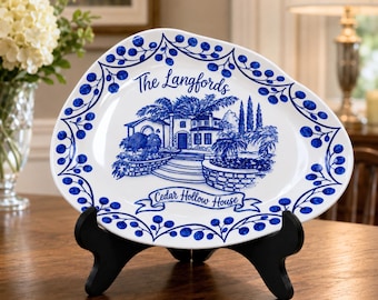 Custom House Portrait Plate, Personalized Family Name Platter, Blue and White Ceramic Plate, Wedding Gift, Housewarming, Home Gift P728MRV0