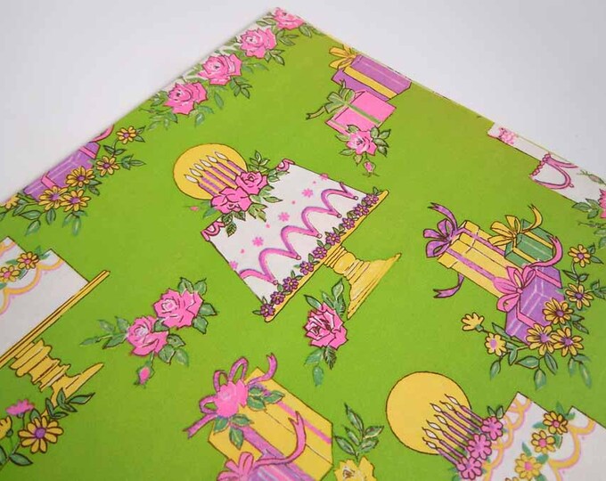 Vintage Birthday Wrapping Paper Bright Green Cake Presents Etsy