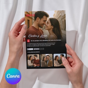 Puede incluir: Una tarjeta en blanco y negro con una pareja, el texto "Carlos y Lucia" y "Top 10". La tarjeta incluye una descripción en español y el logo de Canva. La tarjeta está sostenida por una persona.