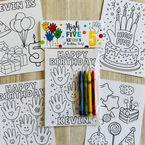 May include: A set of coloring pages for a 5th birthday party, featuring the text "KEVIN IS", "HAPPY BIRTHDAY", and "HIGH FIVE". Includes a pack of crayons and various birthday-themed illustrations.