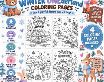 Vinter ONEderland målarbilder, utskrivbar aktivitet för första födelsedagen, vinterfestgåva i skogen, redigerbar Canvasmall för barn