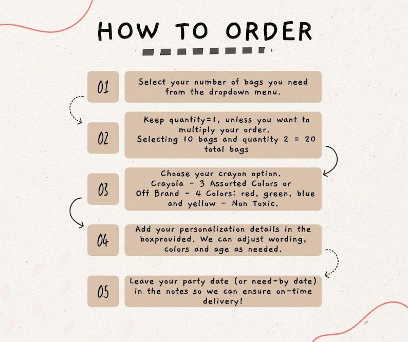 May include: A beige infographic titled "HOW TO ORDER" with five numbered steps. Instructions include selecting bag quantity, crayon options (3 assorted colours or 4 colours: red, green, blue, and yellow), and adding personalisation details. The last step asks for the party date.