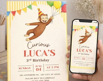 Curious George Birthday Party Invitation, Instant Download