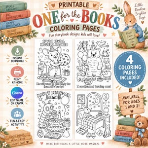 May include: A set of four printable coloring pages featuring storybook illustrations of a mouse, a bear, a caterpillar, and a rabbit. The pages include text such as If You Give A Mouse A Cookie, I see [name] turning one, and Happy Birthday [name].