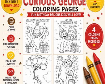 Curious George Birthday Party Activity, Personalized with Name and Age, Monkey Birthday Coloring Pages