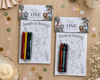 Cadeaux d'anniversaire à colorier Wild One Safari, Anniversaire d'animal de la jungle personnalisé avec des crayons de couleur