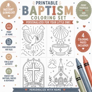 May include: A printable baptism colouring set featuring four black and white line art pages with religious imagery including a dove, a baptismal font, a cross, and a church. The set includes text labels and three crayons in green, blue, and orange.