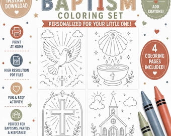 Printable Baptism Coloring Pages, Christian Activity Sheets, Kids Religious Party Favor (Digital)