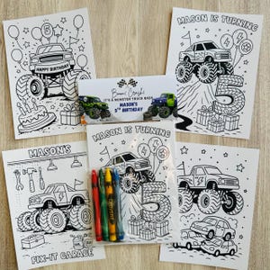 May include: A collection of monster truck-themed coloring pages and crayons. The pages feature illustrations of monster trucks, birthday cakes, and the text "Happy Birthday" and "Mason is Turning 5". Includes a small bag of crayons.