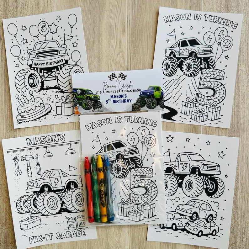 May include: A collection of monster truck-themed coloring pages and crayons. The pages feature illustrations of monster trucks, birthday cakes, and the text "Happy Birthday" and "Mason is Turning 5". Includes a small bag of crayons.