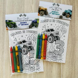 May include: Coloring pages and crayons for a monster truck-themed birthday party. The pages feature a monster truck design and the text "Mason is turning 5" and "Joseph is turning 3". The crayons are in various colors.